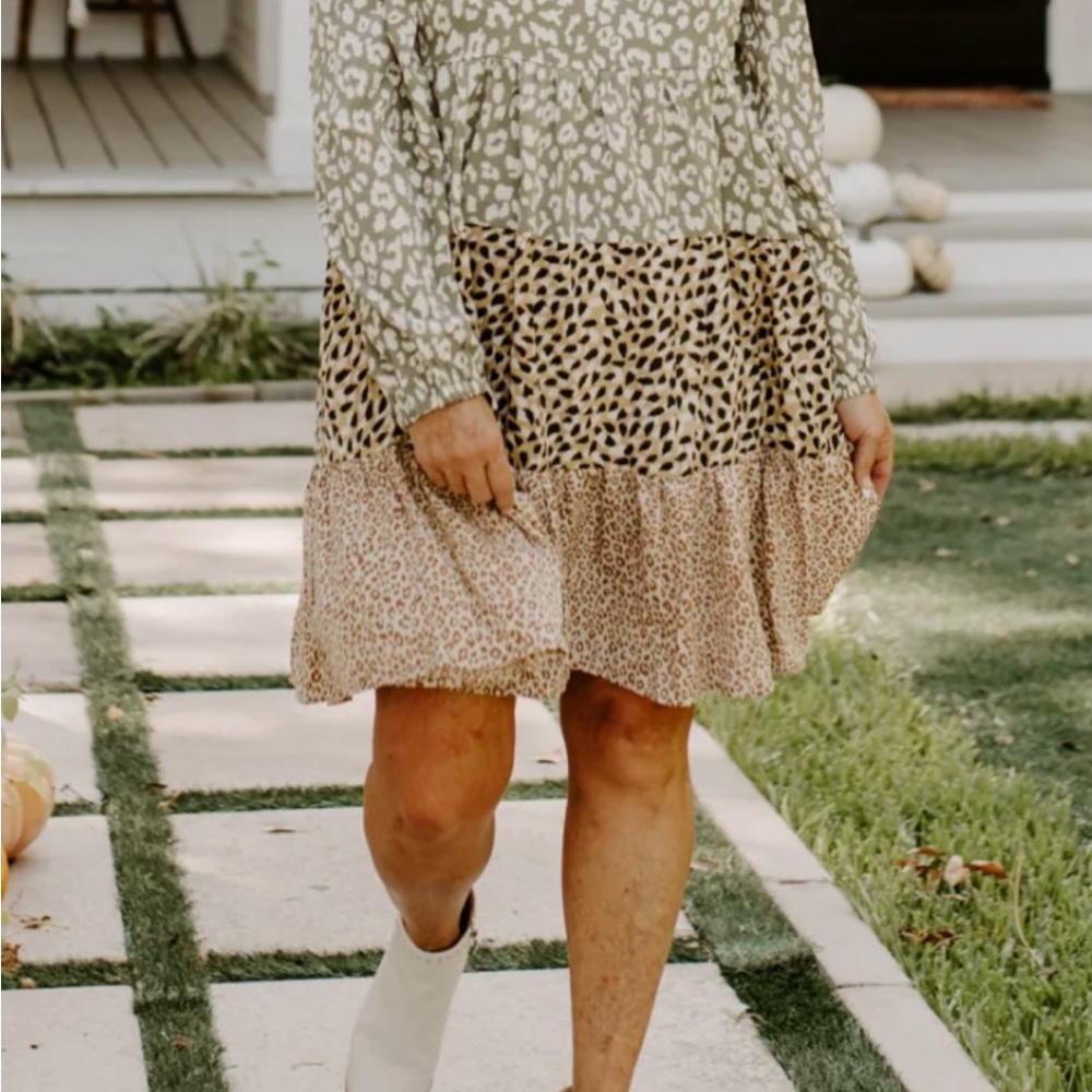 Easel Long Sleeve Dress with Animal Print in Green and Tan